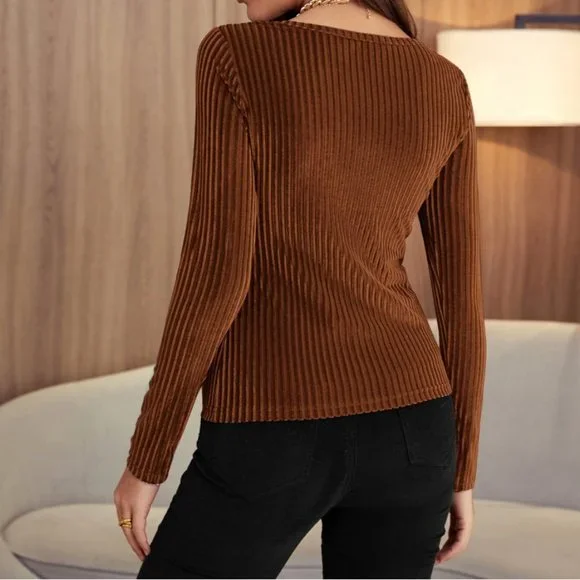 Brown Rib-knit Velvet Tee - Picture 2 of 9
